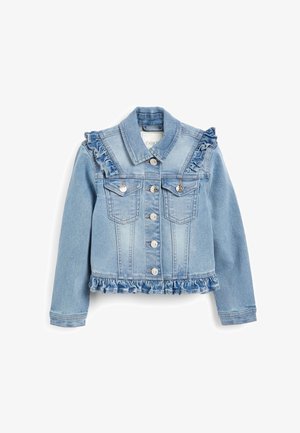 Lyseblå denimjakke med flæsedetaljer på skuldrene, lukning med fem knapper foran, to brystlommer og flæsekant forneden. Glat tekstur.