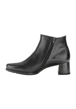 Bottine en cuir noir avec fermeture éclair latérale et talon bloc, texture lisse et bout carré arrondi.