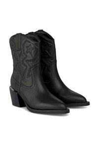 Botas de cuero negras hasta el tobillo con punta afilada, tacones de bloque y detalles de costura en forma de estrella en los lados superiores.