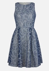Marineblaue Spitzenkleid mit tailliertem Oberteil und ausgestellt Rock. Verfügt über ein florales Spitzenmuster, runden Ausschnitt und einen Reißverschluss an der Rückseite.