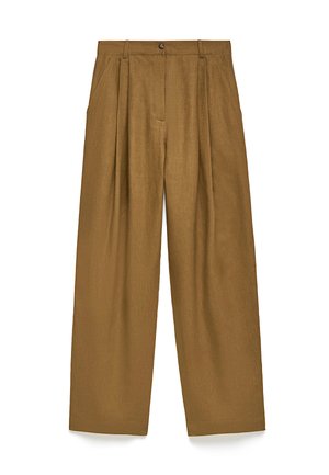 Brown, linen trousers with a wide-leg design and pleated front. Features a button closure and angled side pockets. Textured fabric.