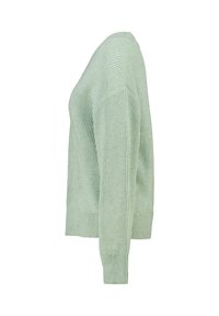 Pull en maille côtelée vert clair avec un col rond, des manches longues et une coupe décontractée. Tissu texturé avec des poignets larges en côtes.