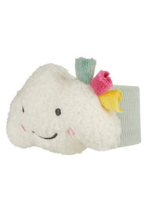 Soft plush baby sock with smiling cloud face and colorful fabric tufts attached to a knitted light green ankle cuff.