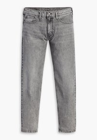 Vaqueros de denim gris con un diseño de pierna recta, que cuentan con cinco bolsillos, un cierre de botón y costuras en contraste a lo largo de las costuras.