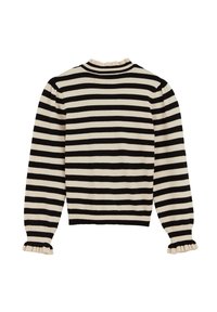 Pulover cu dungi, în culorile negru și crem. Prezintă guler rotund și manșete cu volane. Fabricat dintr-un material tricotat moale și texturat.