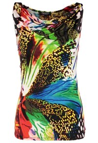 Top sans manches avec col bénitier présentant un motif vibrant multicolore d'ailes de papillon en jaune, vert, bleu, rouge, noir et blanc.