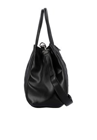 Sac à main en cuir noir avec une forme douce et arrondie, deux poignées et une bandoulière amovible. Il présente un design minimaliste et une texture élégante.