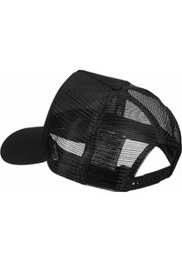 Sort snapback-hat med en solid frontpanel og en mesh-bag, med en flad skygge og justerbar plastikrem for pasform. Ingen mønstre eller detaljer.