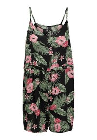 Jardín de flores negro con flores rosas y hojas verdes, material ligero, tirantes ajustables y cinturilla con cordón.