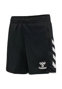 Pantaloncini sportivi neri con fascia elastica in vita, strisce a forma di chevron bianche sui lati e logo dell'ape Hummel nella parte anteriore inferiore.