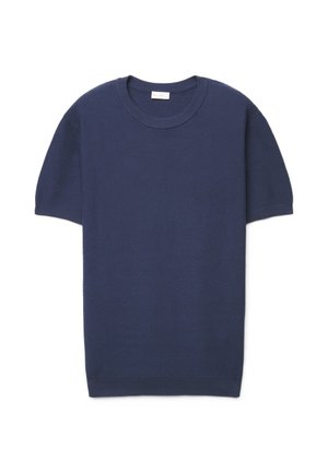 Marineblauer Kurzarm-Strickpullover mit strukturiertem Diamantmuster, rundem Ausschnitt und gerippten Bündchen und Saum.