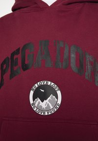 Maroidová mikina s opotřebovaným černým textem "PEGATION" nad kulatou nášivkou zobrazující hory, ptáka a slova "ŽÁDNÁ ZTRÁTA LÁSKY, ŽÁDNÁ NALEZENÁ LÁSKA."