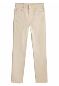 Beżowe dżinsy o prostym kroju, z przednimi kieszeniami i zapięciem na guziki. Materiał ma gładką fakturę z delikatnymi detalami ściegów.