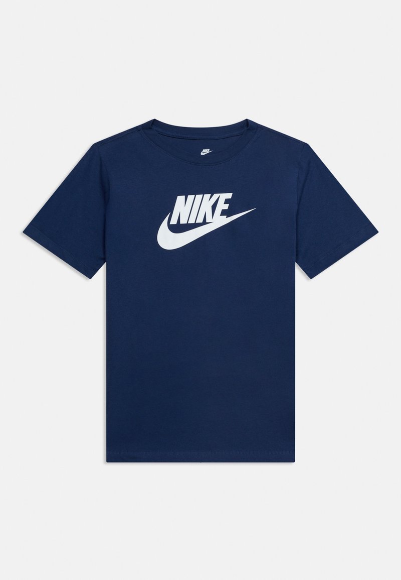 T-shirt bleu marine à manches courtes avec logo Nike blanc et swoosh centré sur le devant.