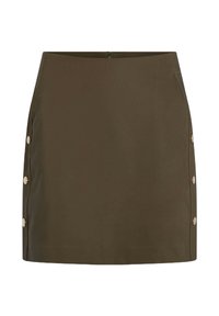 Gonna verde oliva con vestibilità dritta, dotata di una cerniera nascosta sul retro e sei bottoni dorati lungo il lato sinistro.