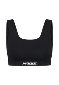 Zwarte sportbh met een vierkante halslijn, brede schouderbanden en een stevige textuur. Bevat het witte "HUMMEL"-logo op de elastische band.