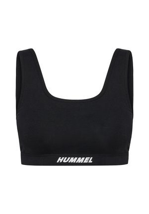 Black sports bra with a square neckline, wide straps, and a solid texture. Features white "HUMMEL" logo on the elasticated band.