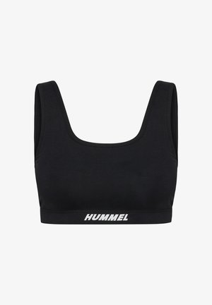 Zwarte sportbh met een vierkante halslijn, brede schouderbanden en een stevige textuur. Bevat het witte "HUMMEL"-logo op de elastische band.