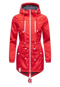 Veste imperméable rouge avec capuche, cordons de serrage ajustables à la taille, fermetures éclair et doublure rayée. Comprend des poches latérales et des poignets élastiques.