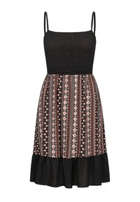 Robe noire à bretelles spaghetti avec corsage smocké, jupe à motifs en nuances de marron, blanc et pêche, et ourlet noir évasé.