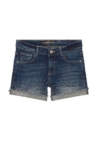 Shorts de mezclilla en azul oscuro con un diseño de cinco bolsillos. Presenta un dobladillo enrollado y rhinestones decorativos en la parte inferior, añadiendo textura y detalle.