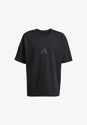 Čierne tričko s krátkym rukávom vyrobené z bavlnenej zmesi, s diskrétnym čiernym logom na hrudi a okrúhlym výstrihom.