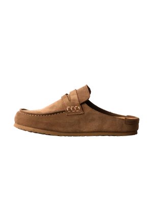 Brown suede slip-on loafer with a flat sole and stitched detailing around the toe and side upper.