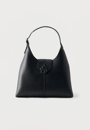 Sac à bandoulière en cuir noir avec une poignée supérieure incurvée, une fermeture à rabat et un petit logo double-B embossé au centre avant.