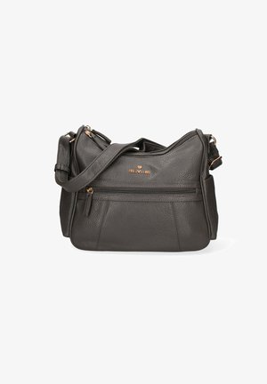 Borsa a tracolla in pelle grigia con finitura texturizzata, dotata di chiusura con zip, tracolla regolabile e dettaglio del logo dorato sul davanti.