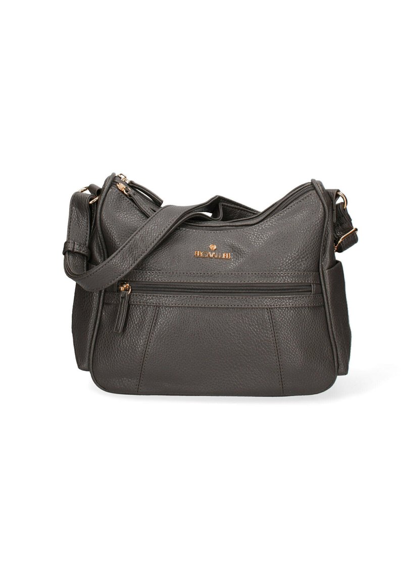 Borsa a tracolla in pelle grigia con finitura texturizzata, dotata di chiusura con zip, tracolla regolabile e dettaglio del logo dorato sul davanti.