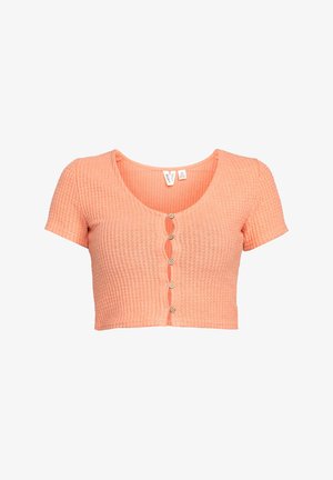 Kurzärmeliges, tailliertes Crop-Top in hellem Koralle mit gerippter Textur, runder Ausschnitt und fünf Knopfverschlüssen vorne.