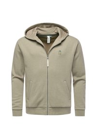 Felpa zip beige chiaro con cappuccio, tasche frontali e piccolo logo ricamato verde. Tessuto morbido con una superficie liscia.