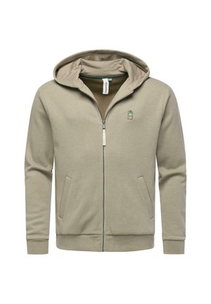 Haut à capuche zippé beige clair avec capuche, poches avant et petit logo brodé vert. Tissu doux avec une texture lisse.