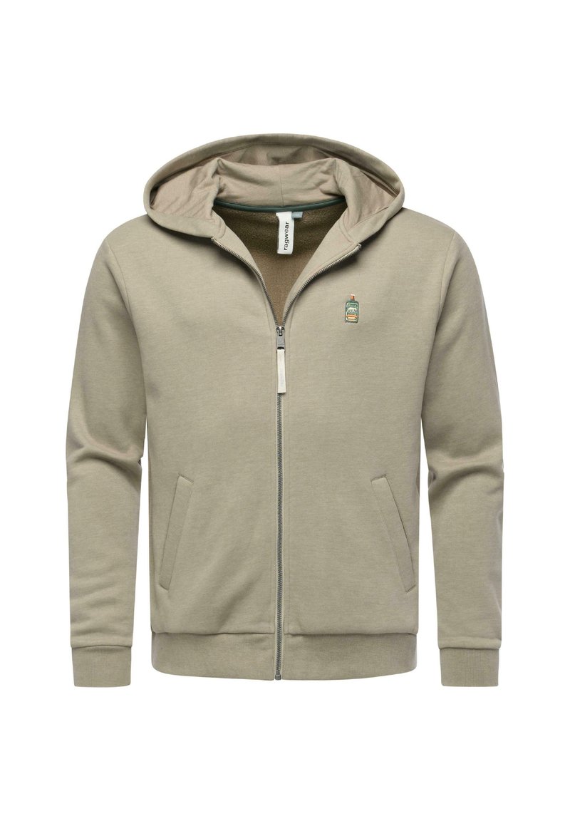 Felpa zip beige chiaro con cappuccio, tasche frontali e piccolo logo ricamato verde. Tessuto morbido con una superficie liscia.