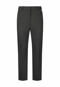 Pantalon formel sur mesure gris foncé avec passants de ceinture, pli avant et petit logo de marque en métal près de la taille.