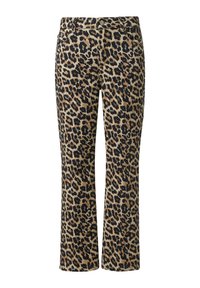 Beige en zwarte stof met luipaardprint, met een aansluitende taille en recht gesneden ontwerp met zichtbare stiksels.