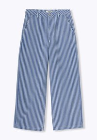 Pantalons larges rayés bleu et blanc avec une fermeture à bouton, des passants de ceinture et des poches latérales ; fabriqués à partir d'un tissu léger.