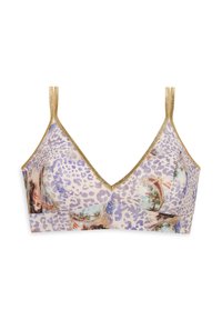 Leopard print bra with a light purple background, featuring detailed artwork and gold accents on straps and edges. Wire-free design.