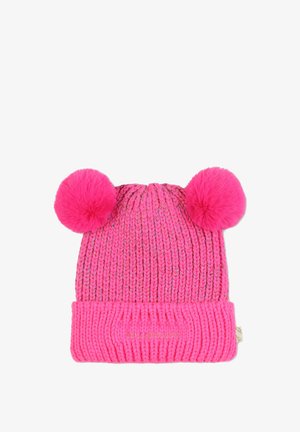 Ροζ πλεκτό σκουφί με δύο μεγάλες φούντες στην κορυφή, ριμπ μανσέτα και γυαλιστερή υφή. Διαθέτει λογότυπο ραμμένο στην μανσέτα.