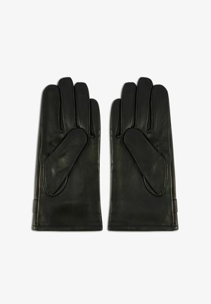 Czarne rękawiczki skórzane o gładkiej fakturze, dopasowanym kroju i subtelnych przeszyciach. Rękawiczki mają klasyczny, wydłużony kształt z pięcioma palcami.