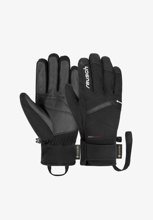 Schwarze Handschuhe mit einer Lederfläche und weichem Außenmaterial. Zu den Merkmalen gehören ein Klettverschluss, ein Logo und strukturierte Details für besseren Halt und Wärme.