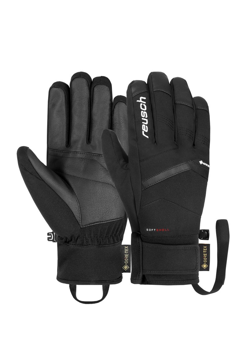 Black gloves with a leather palm and soft shell fabric. Features include a velcro strap, logo, and textured details for grip and warmth.