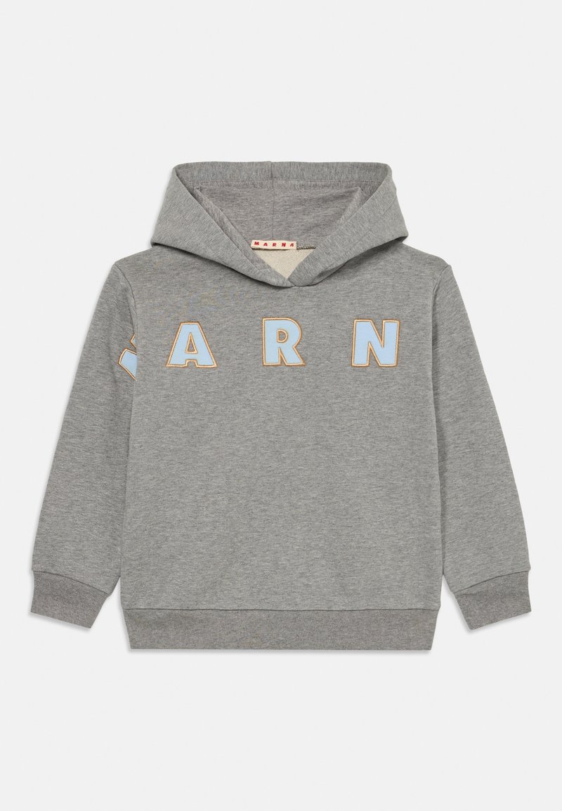 Hanorac gri dintr-un material moale, cu un grafic pe față care scrie "ARN" în nuanțe de albastru pastelat și bej. Buzunar clasic tip kangaroo și manșete cu rips.