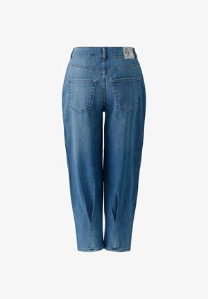 Blue denim cropped jeans shown from the back with two rear pockets and a small brand patch on the waistband.