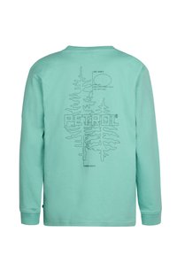 Langärmliges helltürkisfarbiges Shirt mit einem Grafikanime von Baumumrissen und dem Text "PETROL" in der Mitte des Rückens, aus weichem Baumwollstoff.