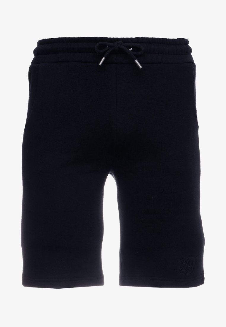 Pantalones cortos de sudadera negros hechos de tela suave, con cintura elástica con cordón y detalle de logo bordado en el costado.