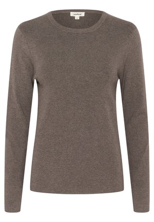 Brun, langærmet sweater lavet af fint strikket stof, der har en klassisk rund halsudskæring og ribbede manchetter. Enkel design uden mønstre eller accenter.