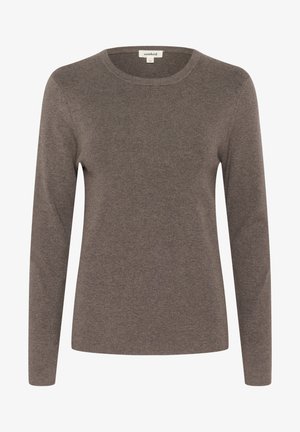 Pruun pikkade varrukatega villane kampsun, mis on valmistatud peene kudumisega kangast, ja millel on klassikaline ümmargune kaelus ning soonikuga mansetid. Lihtne disain, ilma mustrite või aktsentideta.