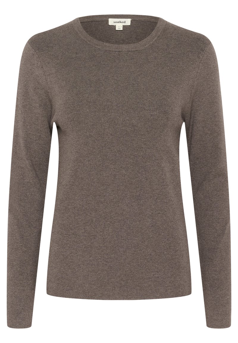 Brązowy sweter z długim rękawem wykonany z delikatnej dzianiny, z klasycznym okrągłym dekoltem i prążkowanymi mankietami. Prosty design bez wzorów czy akcentów.