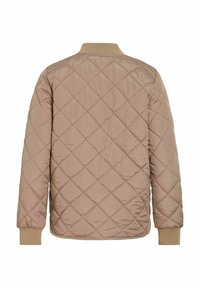 Veste bomber matelassée en beige clair, avec poignets et col côtelés. Texture lisse avec motif de piqûres en losange et coupe régulière.